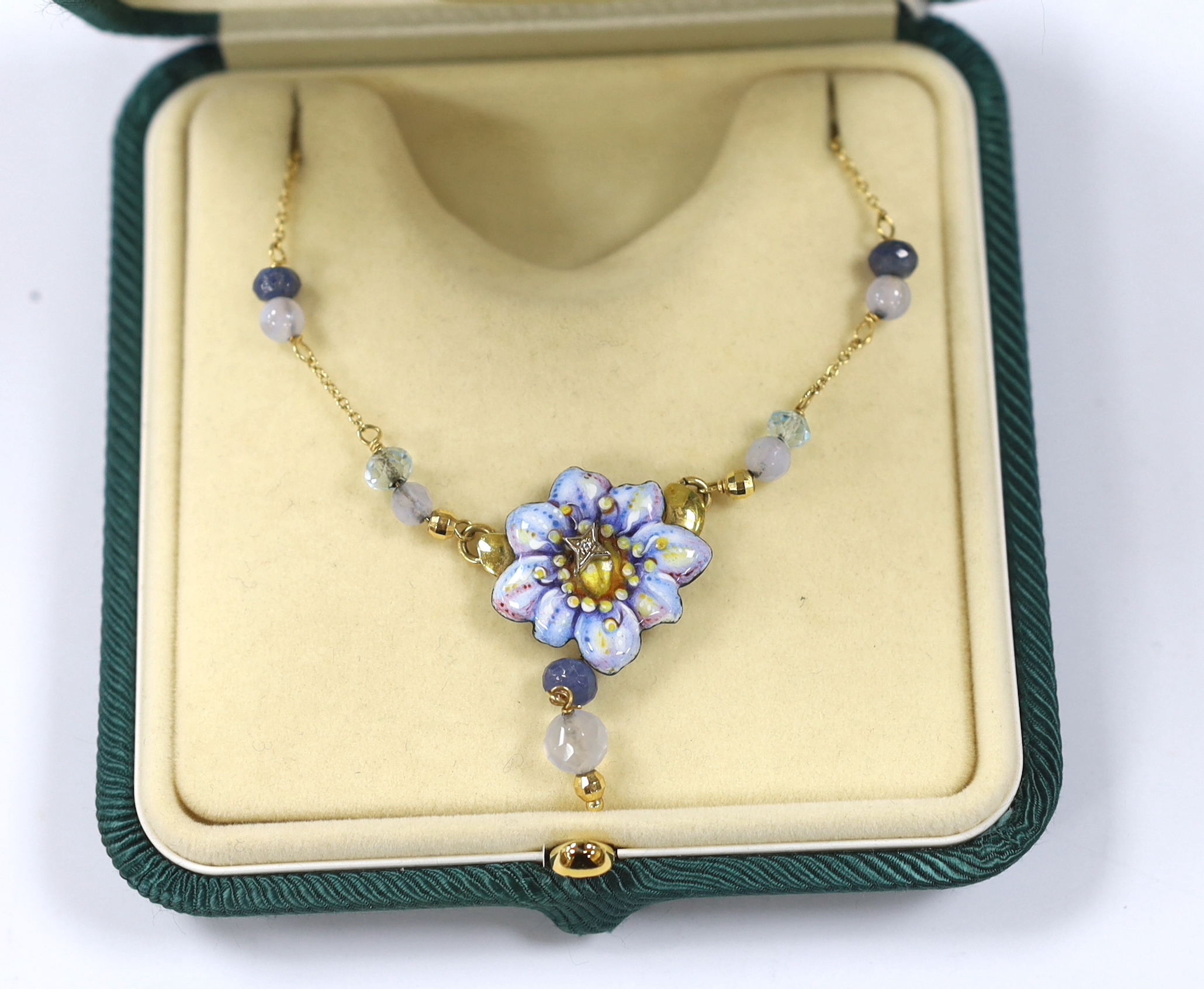 A 20th century Italian 750, enamel, diamond and gem bead set drop pendant necklace, 42cm, gross weight 8.6 grams.